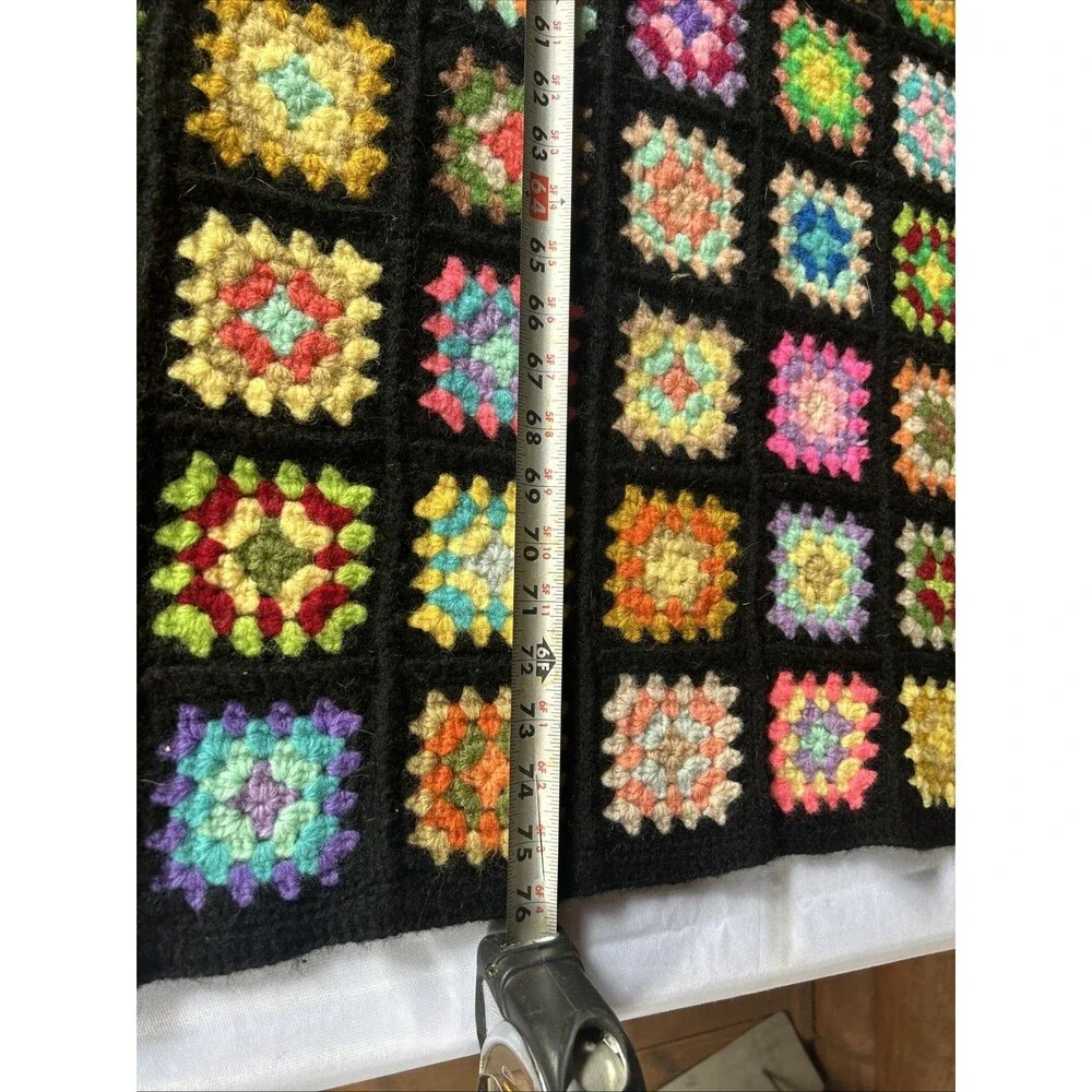 Vtg 1970s Heavy Granny Square Afghan Blanket 56x76 Black Border Retro Throw